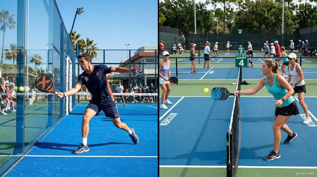 Action shot comparing pickleball vs padel equipment and court setups on sunny outdoor courts.